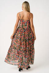 Black Floral Print V-Neck Tiered Maxi Dress