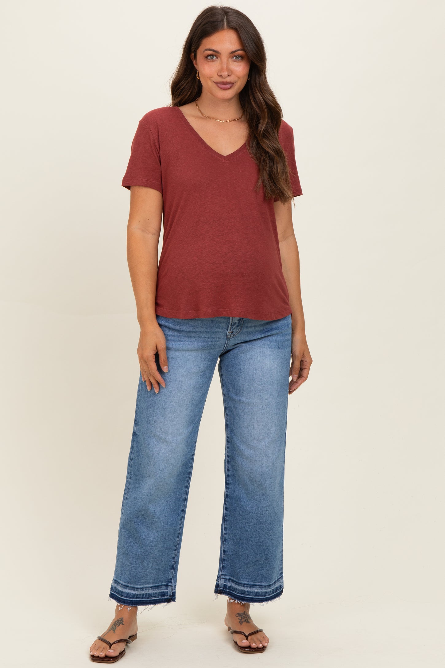 Wine Linen Blend V-Neck Short Sleeve Maternity T-Shirt