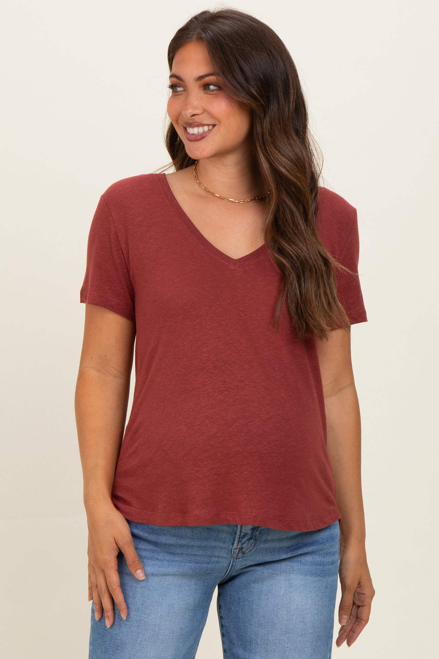 Wine Linen Blend V-Neck Short Sleeve Maternity T-Shirt