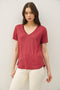 Wine Linen Blend V-Neck Short Sleeve T-Shirt