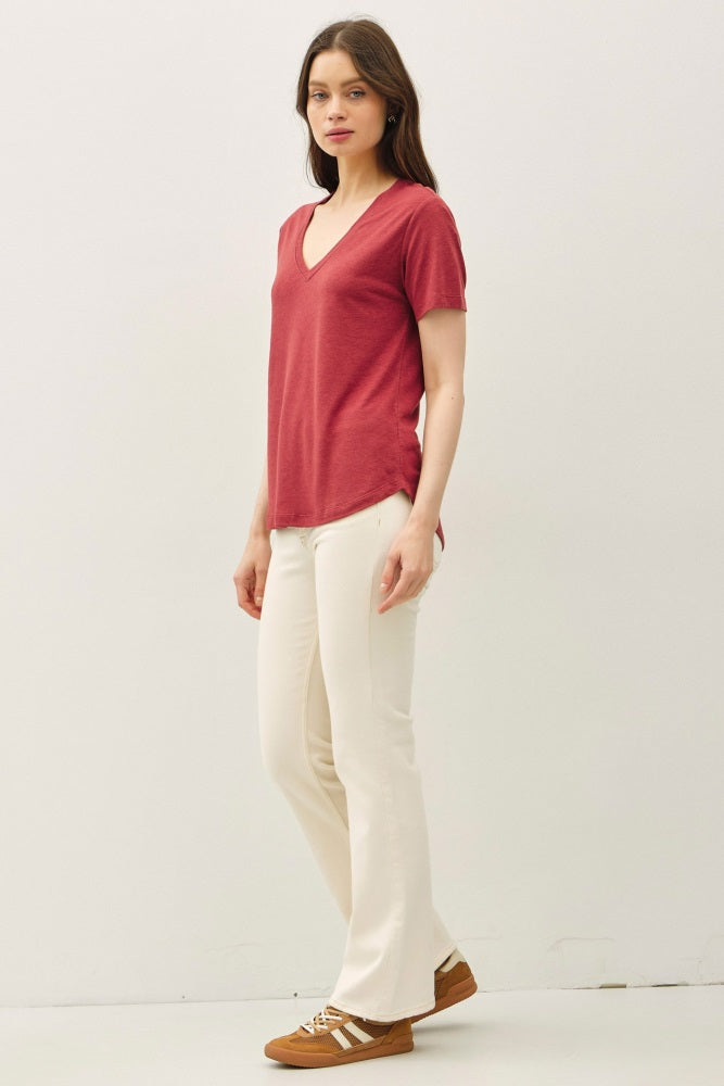 Wine Linen Blend V-Neck Short Sleeve T-Shirt