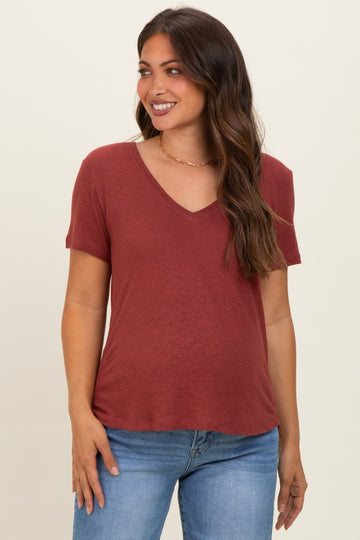 Wine Linen Blend V-Neck Short Sleeve Maternity T-Shirt