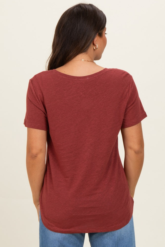 Wine Linen Blend V-Neck Short Sleeve Maternity T-Shirt
