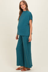 Teal Textured Rib Mock Neck Short Sleeve Pant Maternity Set