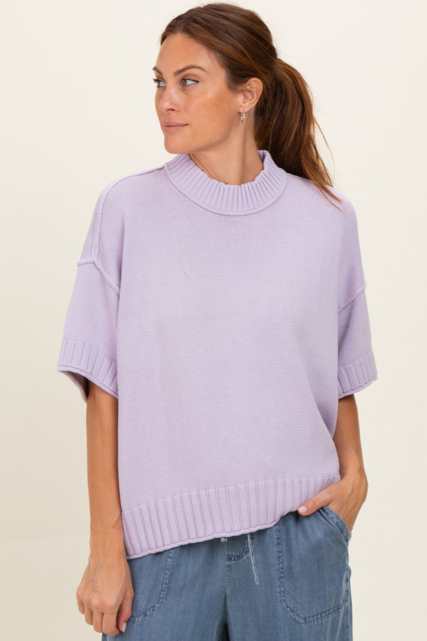 Lavender Oversized Mock Neck Short Sleeve Maternity Sweater