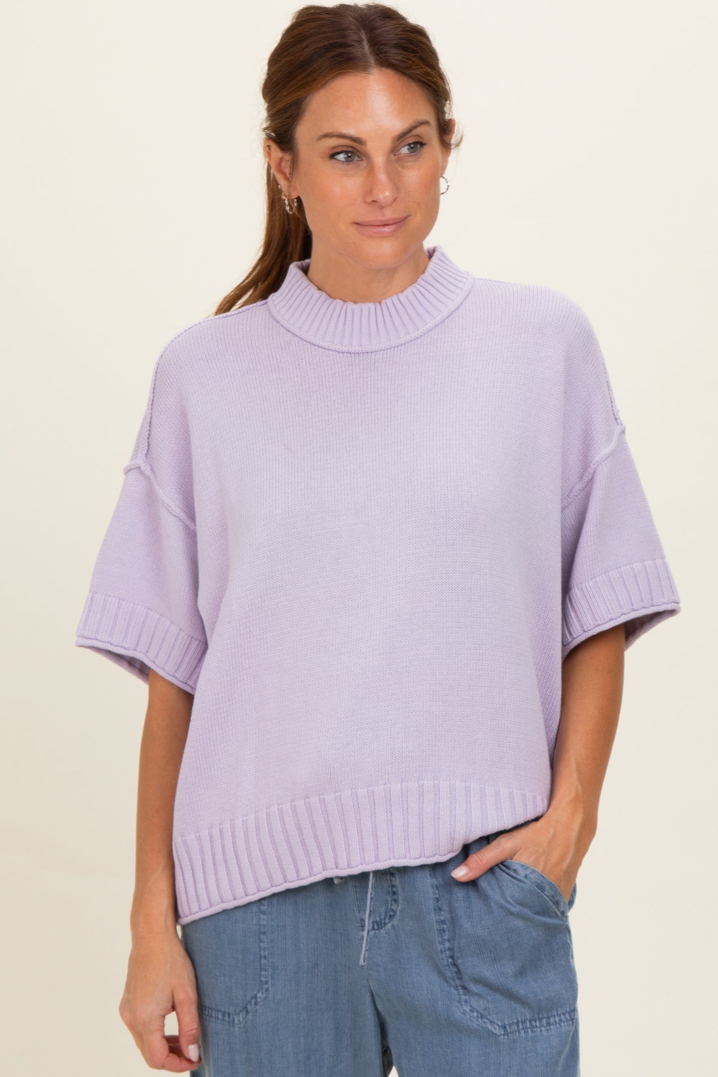 Lavender Oversized Mock Neck Short Sleeve Sweater
