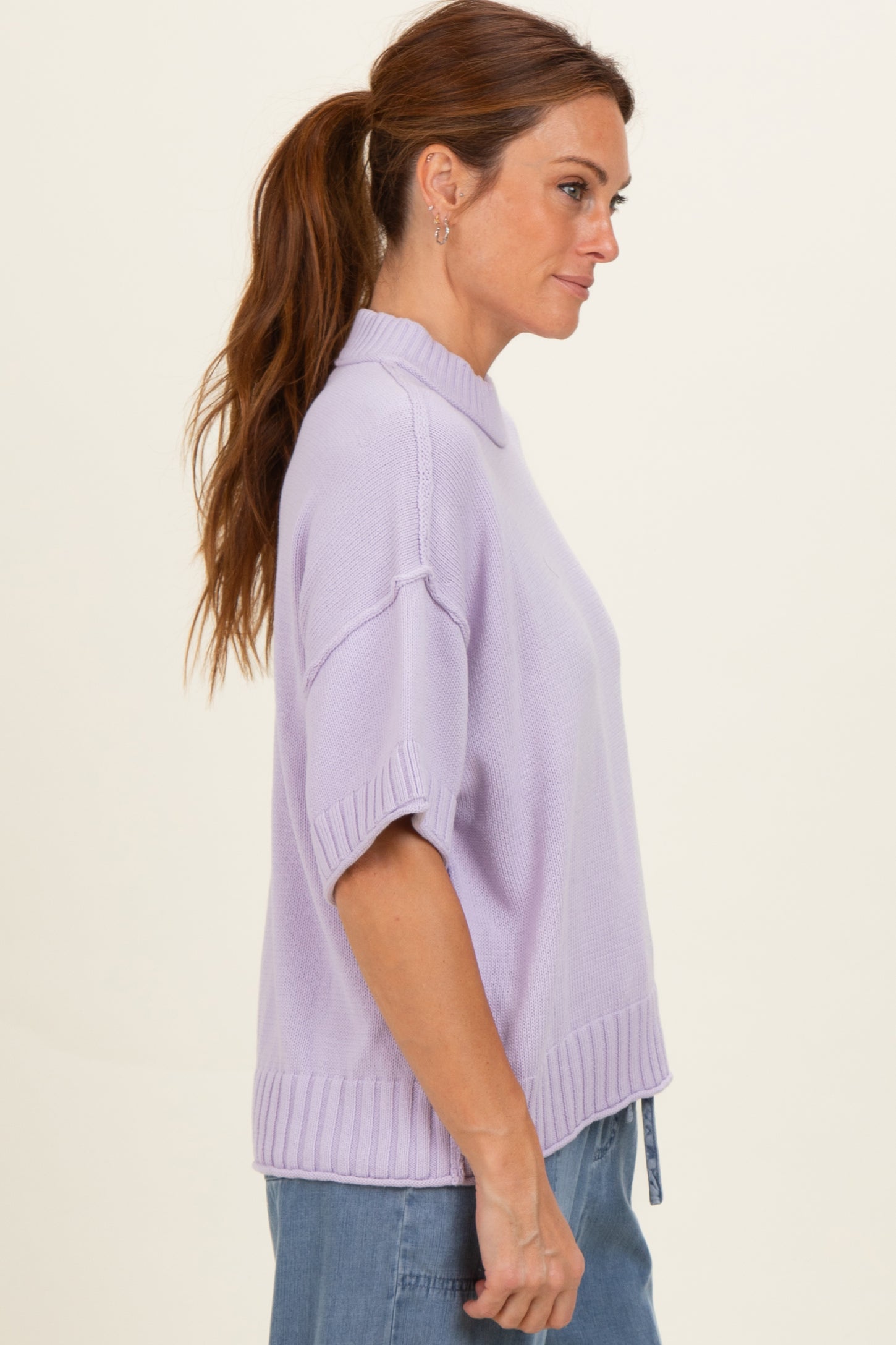 Lavender Oversized Mock Neck Short Sleeve Sweater