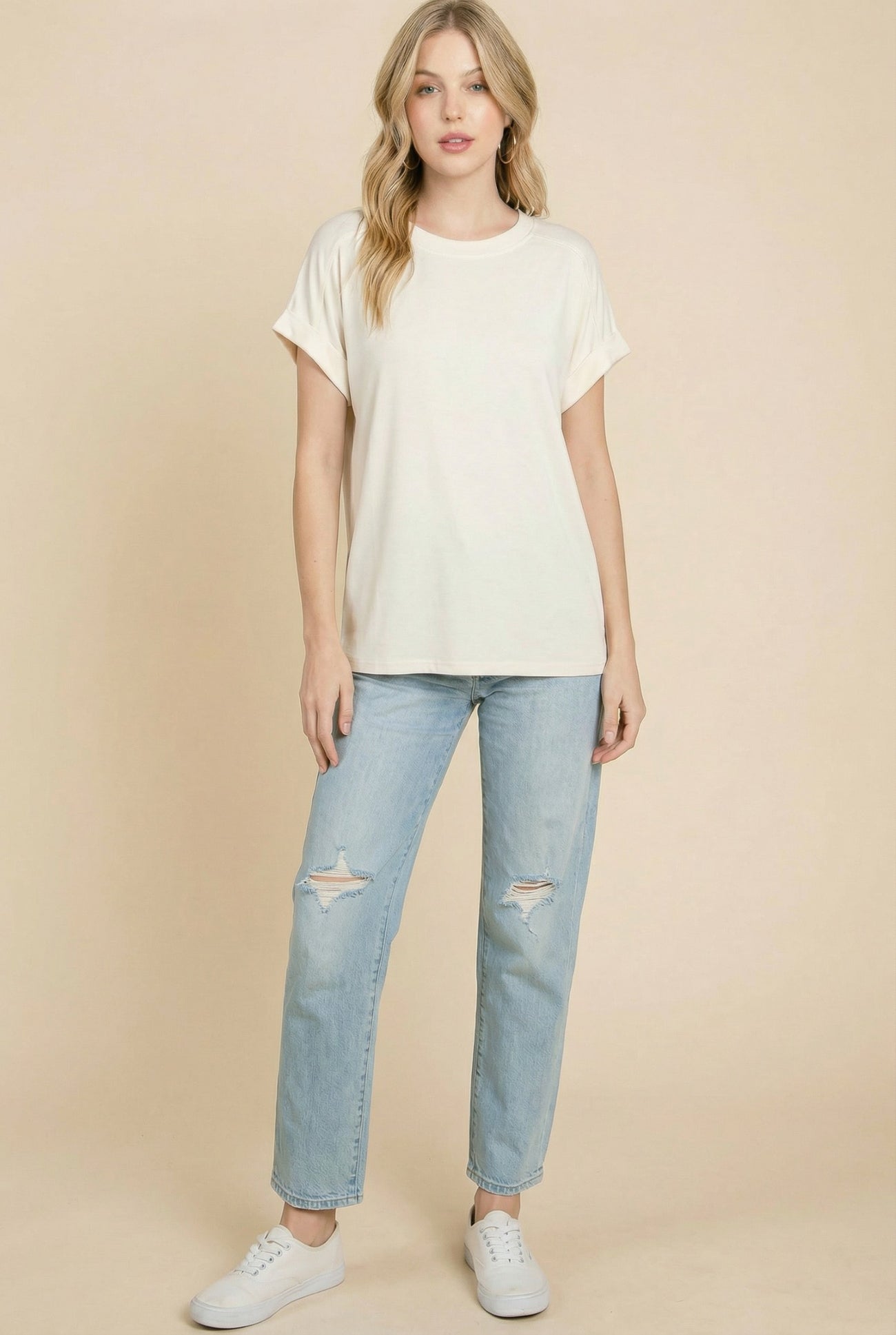 Ivory Rolled Cuff Sleeve Relaxed Fit Tee
