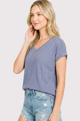 Blue Ribbed V-Neck Short Sleeve Top