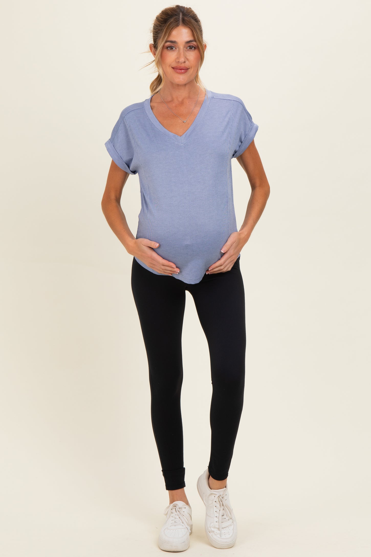Blue Ribbed V-Neck Short Sleeve Maternity Top
