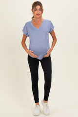 Blue Ribbed V-Neck Short Sleeve Maternity Top