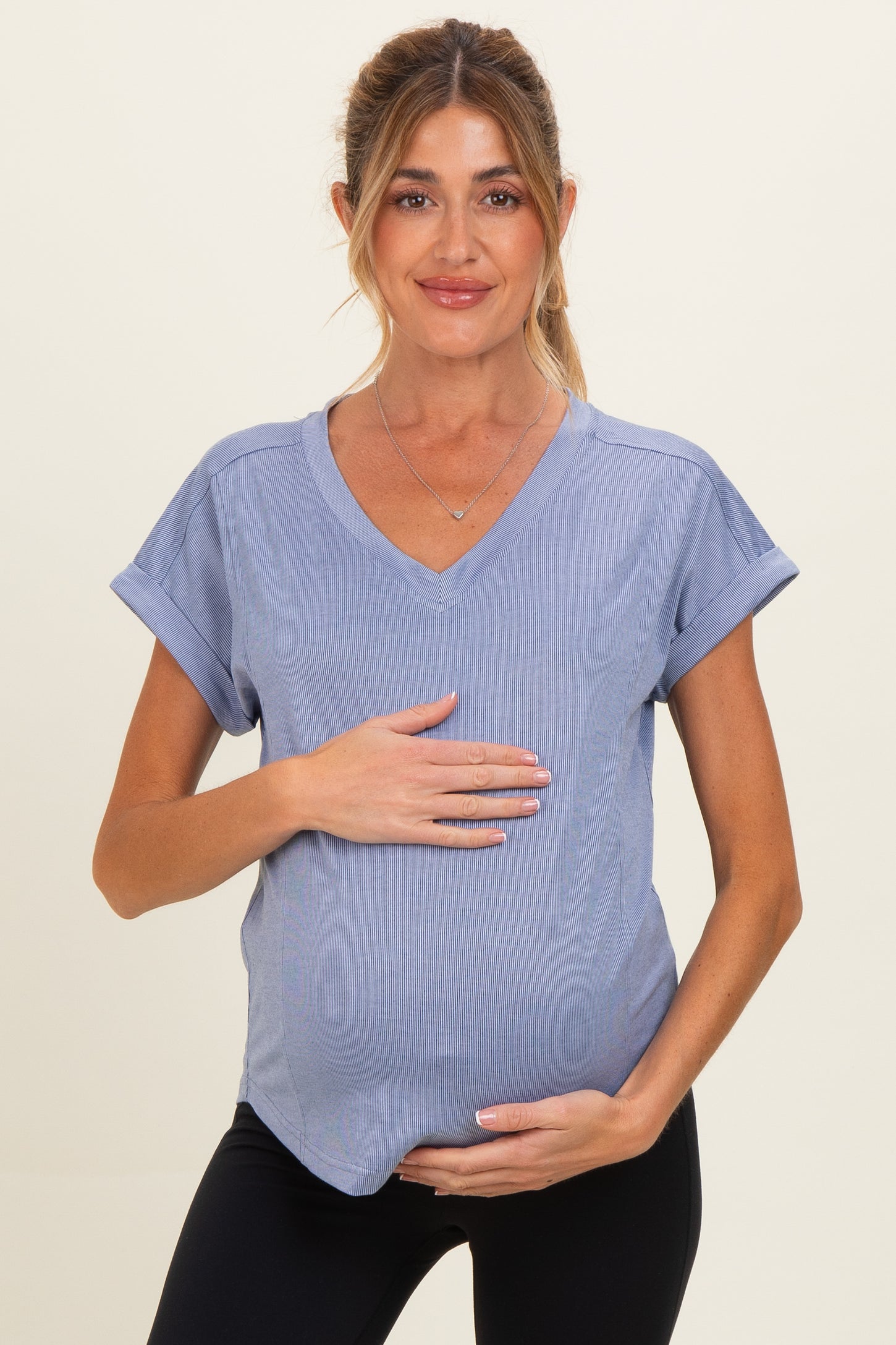 Blue Ribbed V-Neck Short Sleeve Maternity Top