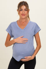 Blue Ribbed V-Neck Short Sleeve Maternity Top