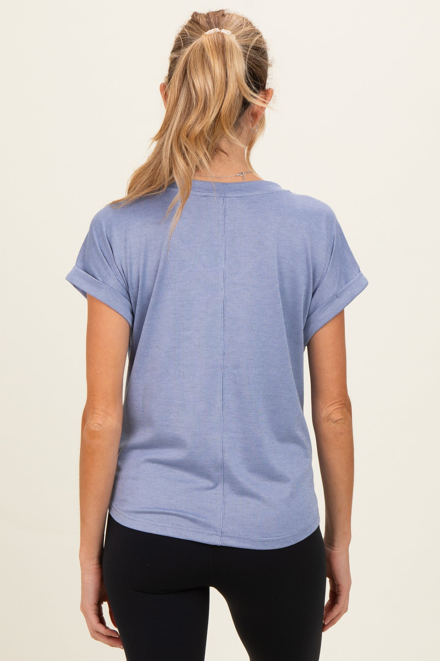 Blue Ribbed V-Neck Short Sleeve Maternity Top