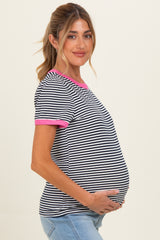 Navy Short Striped Puff Sleeve Maternity Top