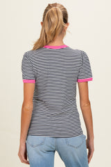 Navy Short Striped Puff Sleeve Maternity Top