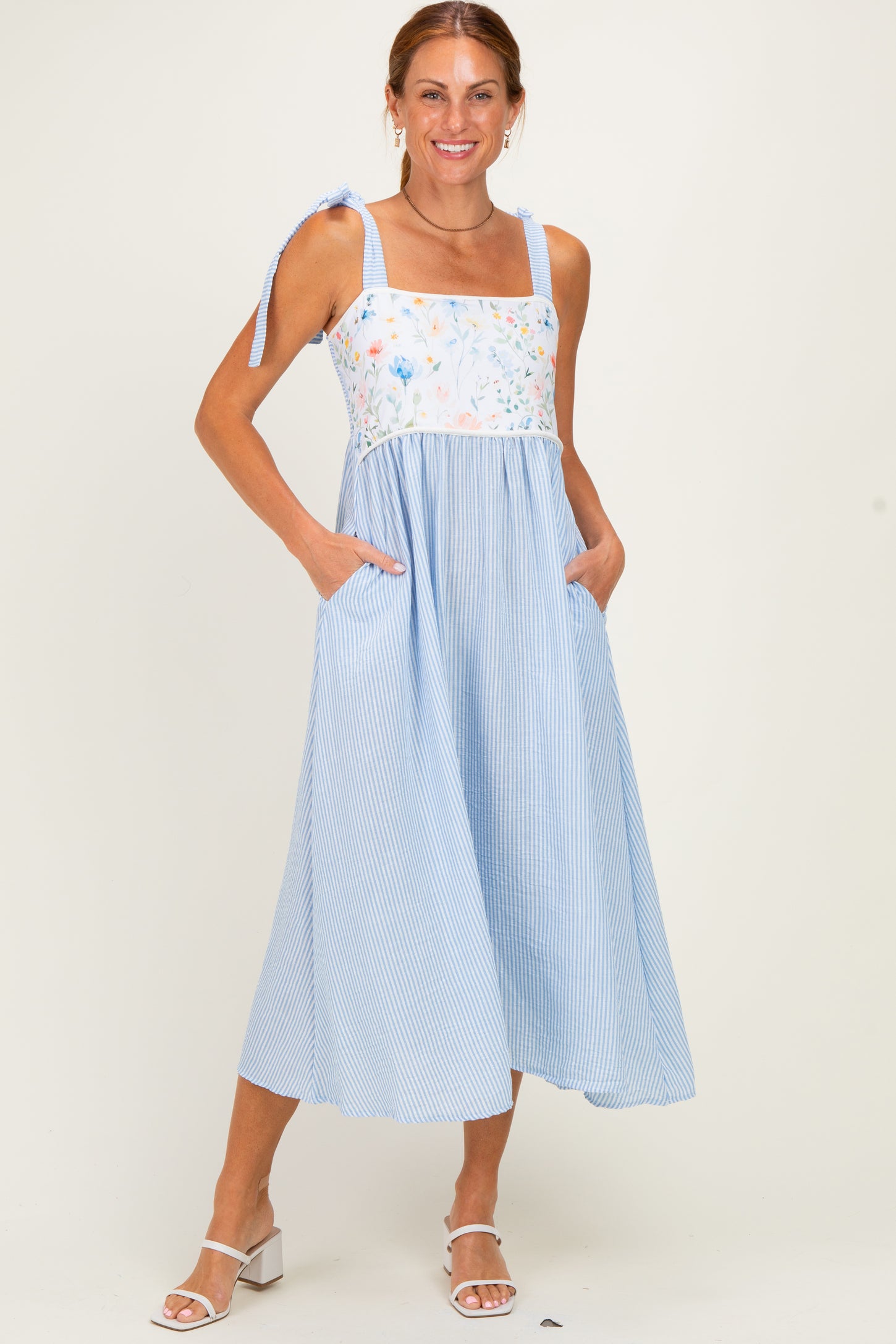 Light Blue Floral Stripe Bow Strap Maternity Dress – PinkBlush