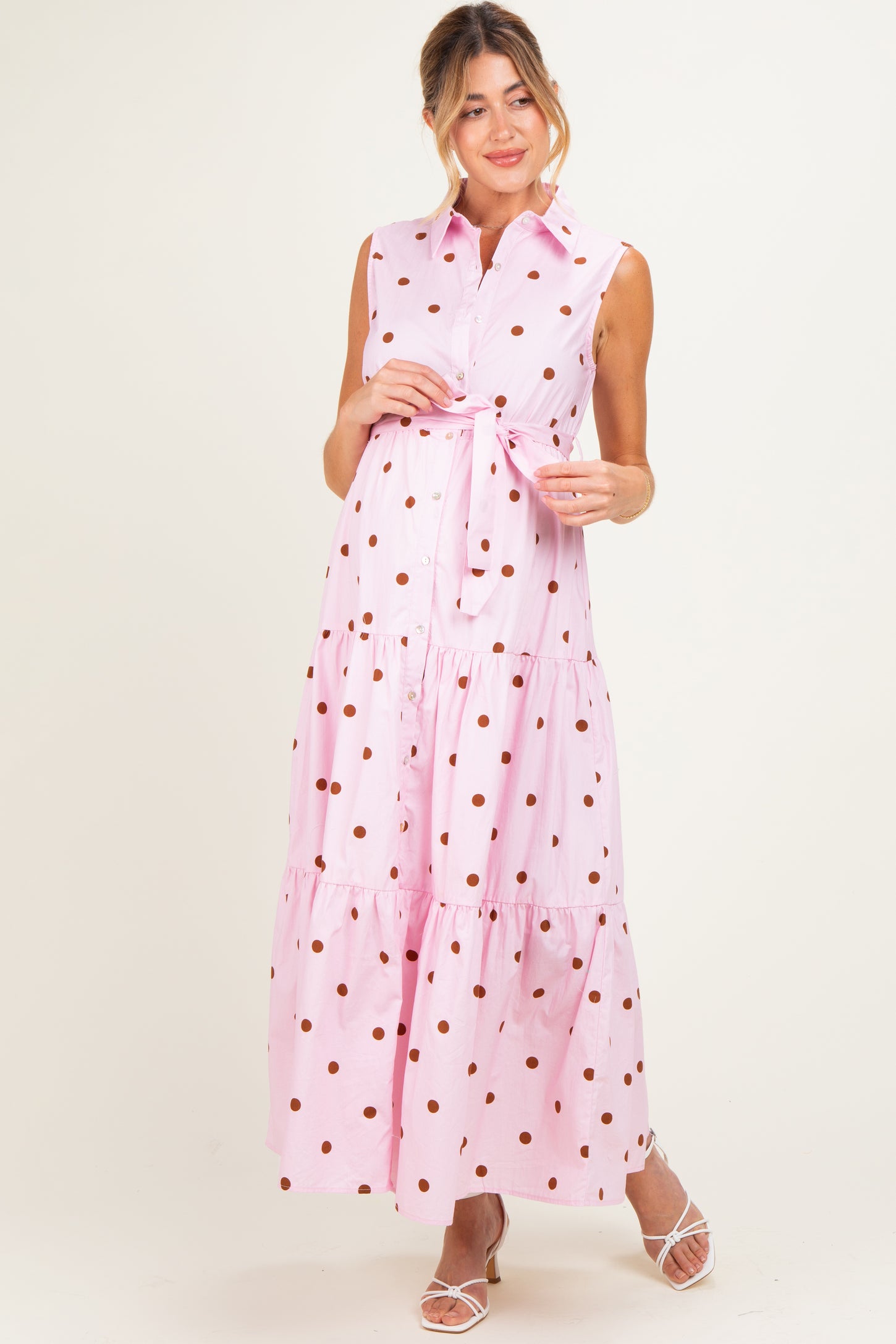 Light Pink Polka Dot Sleeveless Poplin Maternity Shirt Dress – PinkBlush
