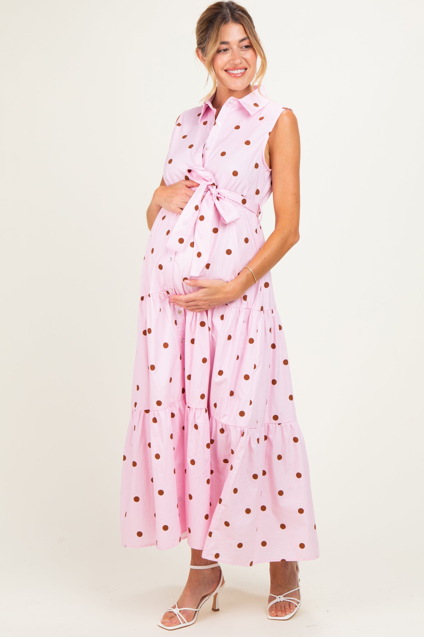 pink polka dot maternity dress Momyknows Light Pink Polka Dot Bow Ruffle Falbala Tie-Shoulder A-line Tulle Princess Dress Elegant Maternity Photoshoot Baby Shower Maxi Dress, Peach