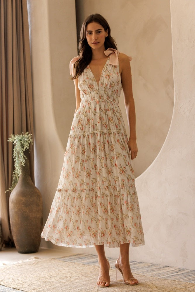 White Floral Shoulder Tie Deep V-Neck Tiered Maxi Dress White Floral Shoulder Tie Deep V-Neck Tiered Maxi Dress