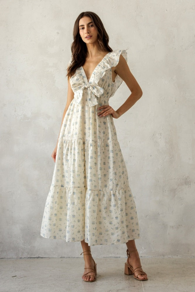 Cream Floral Front Bow Open Back Midi Dress