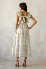 Cream Floral Front Bow Open Back Midi Dress
