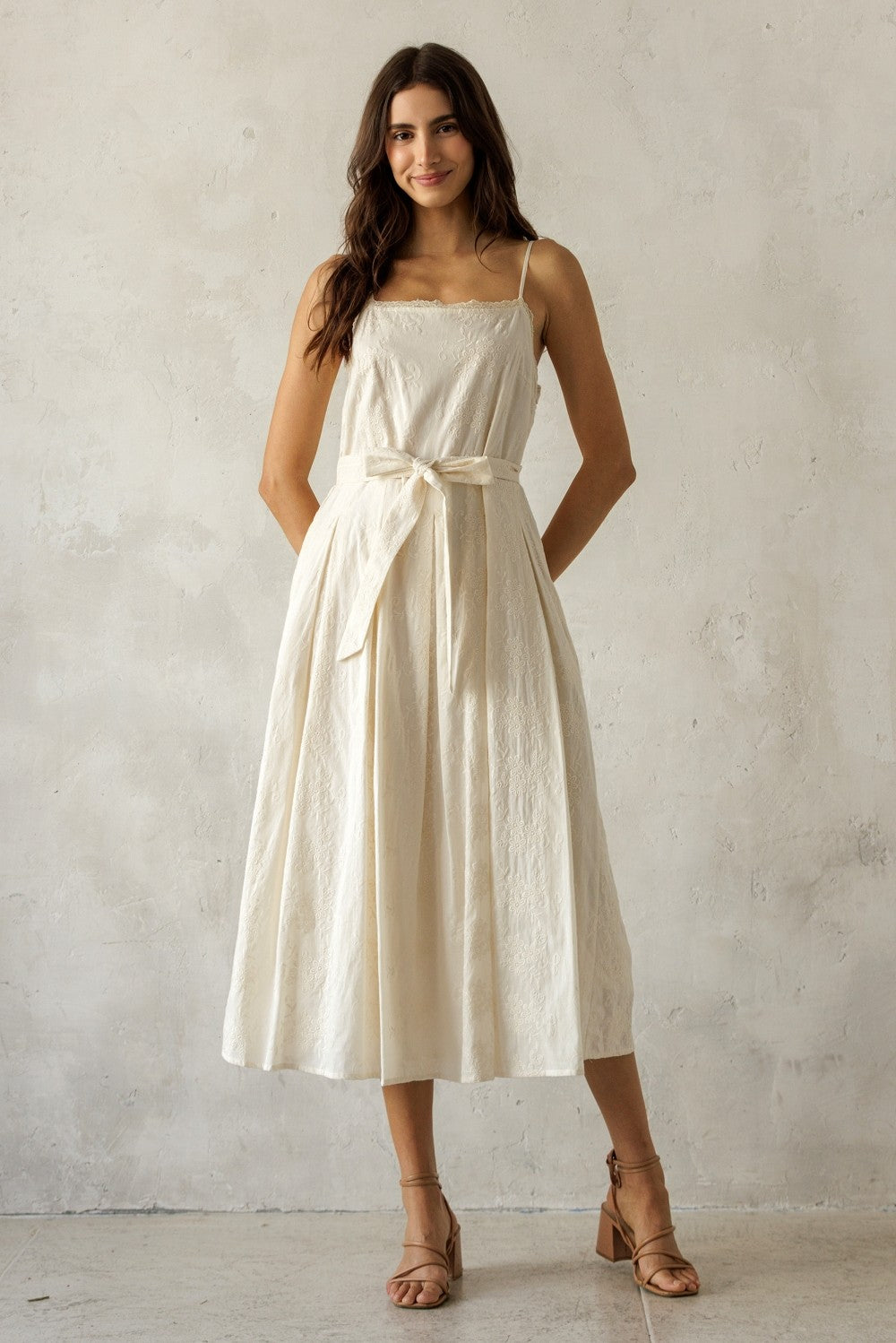 Cream Embroidered Tie Waist Midi Dress – PinkBlush