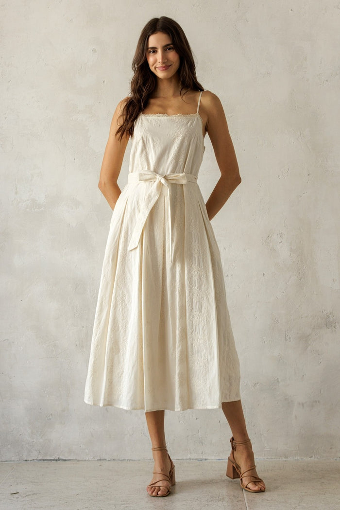 Cream Embroidered Tie Waist Maternity Midi Dress
