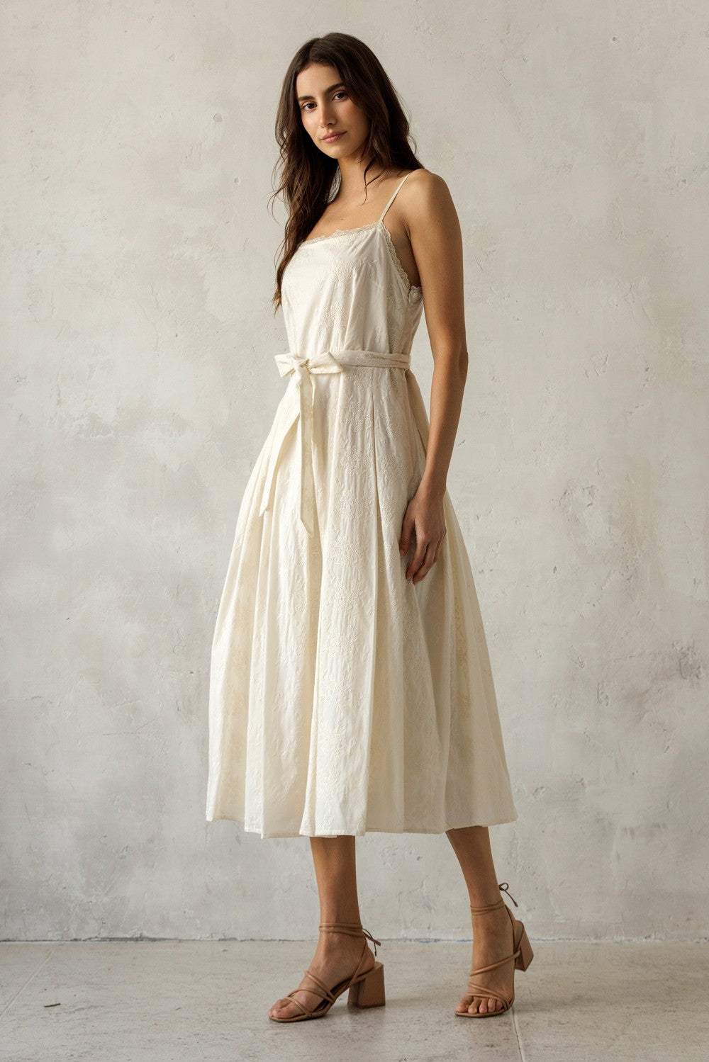 women's tie waist midi dress Cream Embroidered Tie Waist Midi Dress