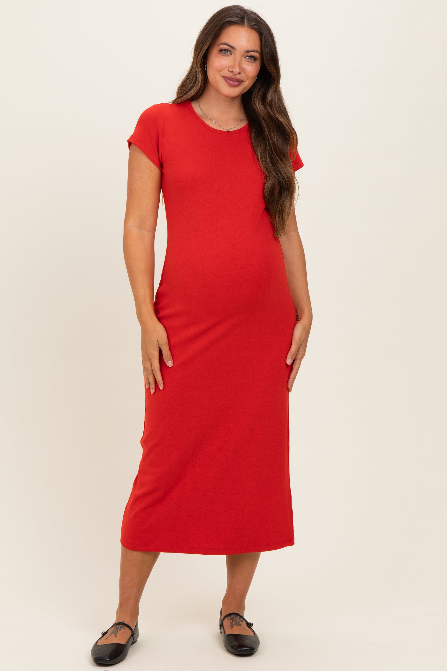 red midi maternity dress Red Off Shoulder Ruched Long Sleeve Maternity Midi Dress PinkBlush