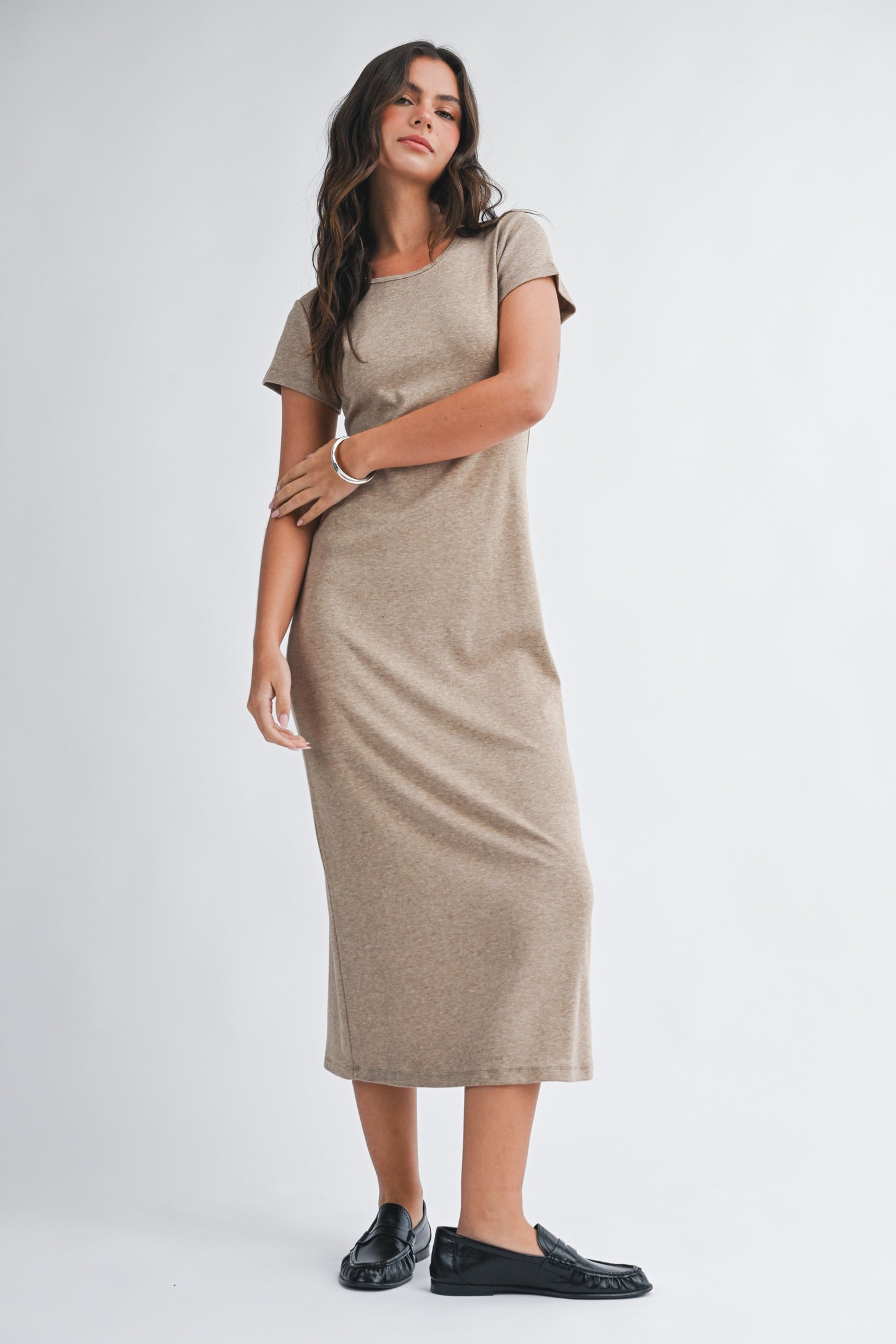 light brown midi dress Light Brown Smocked Ruffle Strap Tiered Midi Dress 2X