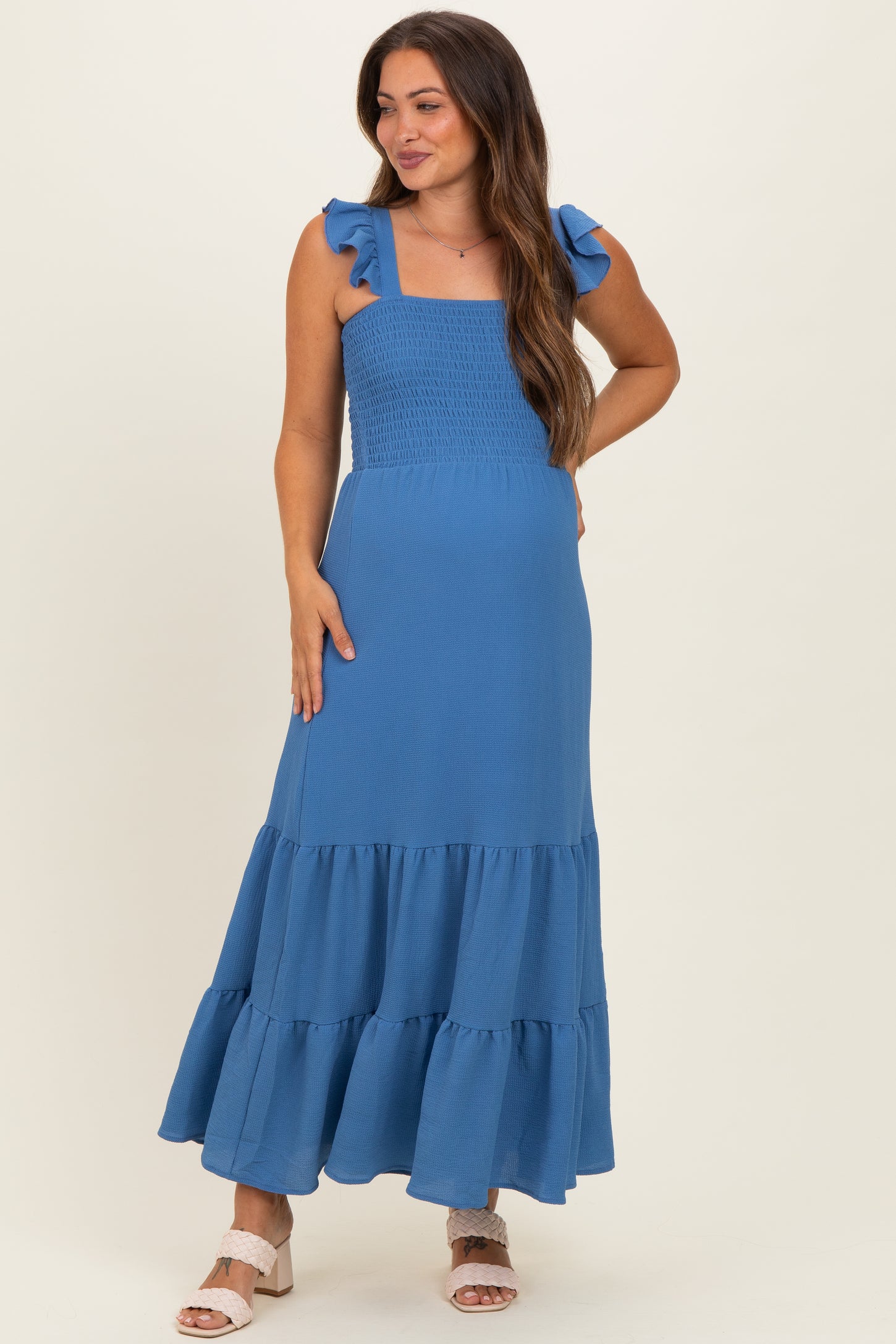 Blue Ruffle Strap Smocked Maternity Maxi Dress  PinkBlush