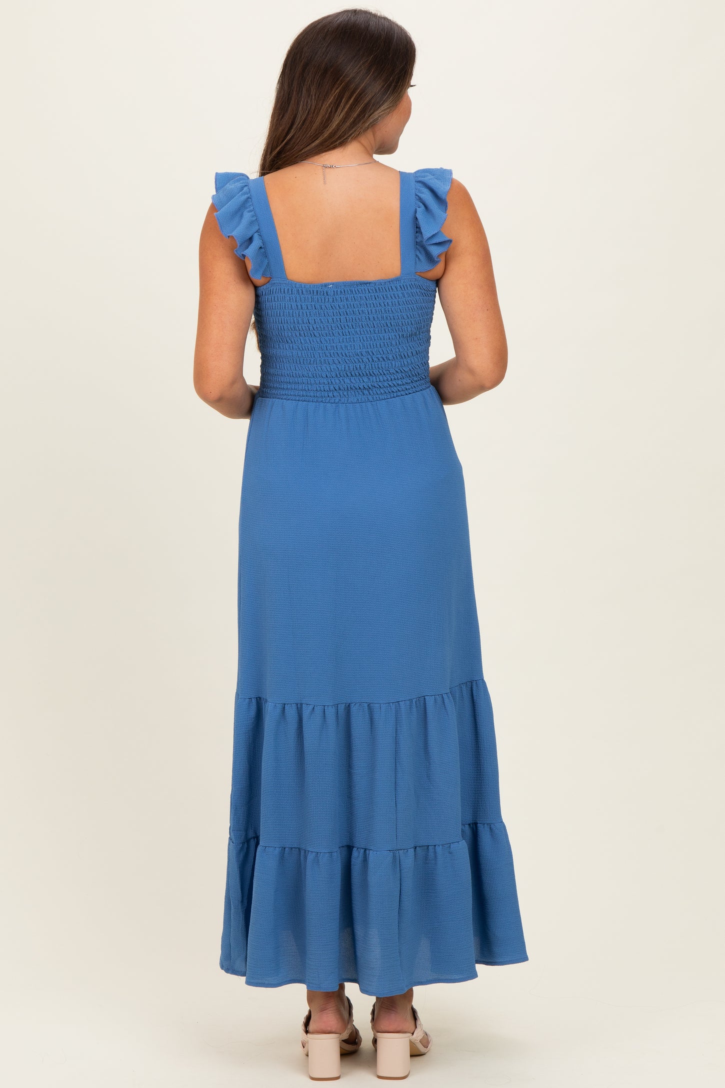 Blue Ruffle Strap Smocked Maternity Maxi Dress PinkBlush Blue Ruffle Strap Smocked Maternity Maxi Dress PinkBlush