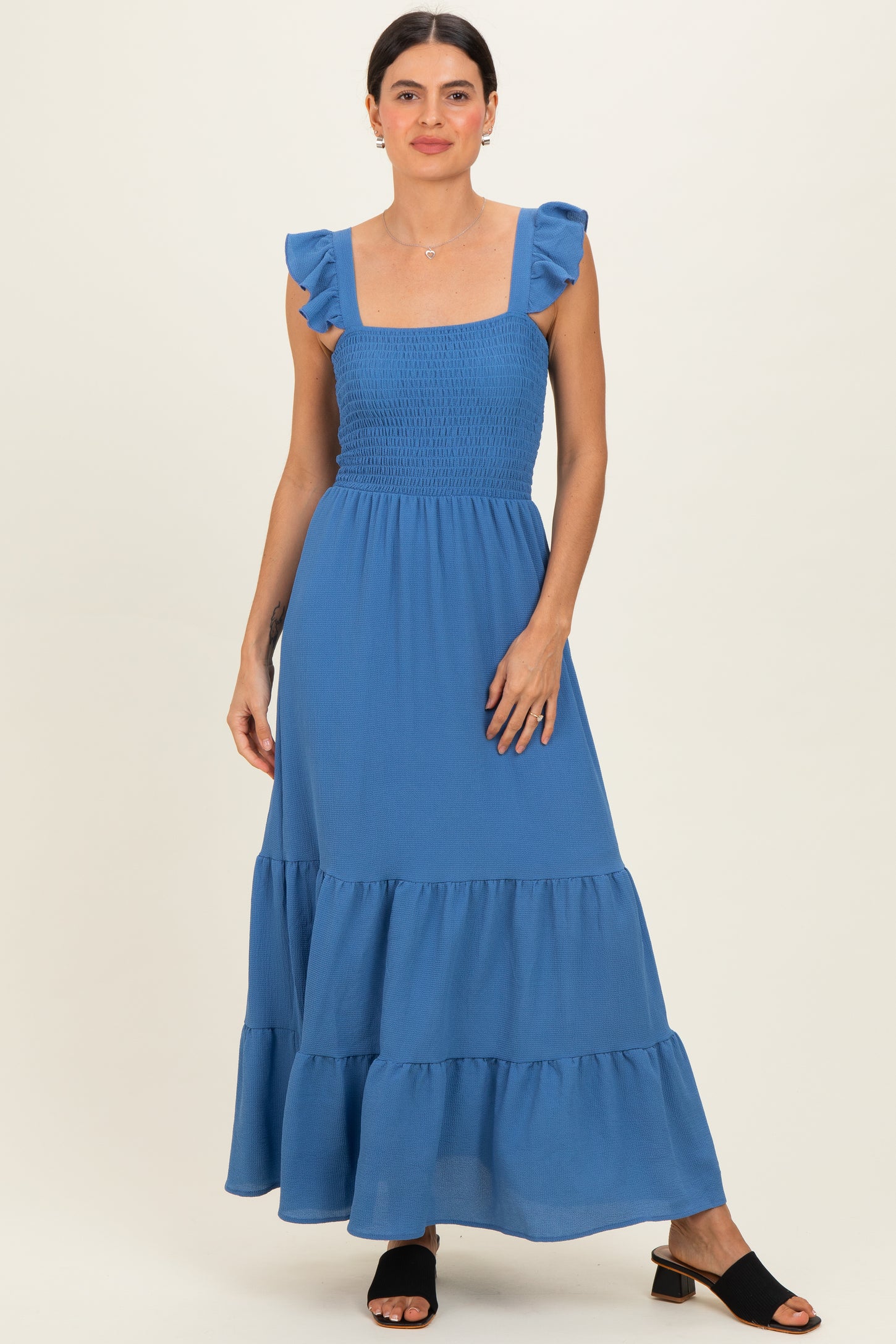 blue smocked maxi dress Blue Ruffle Strap Smocked Maxi Dress