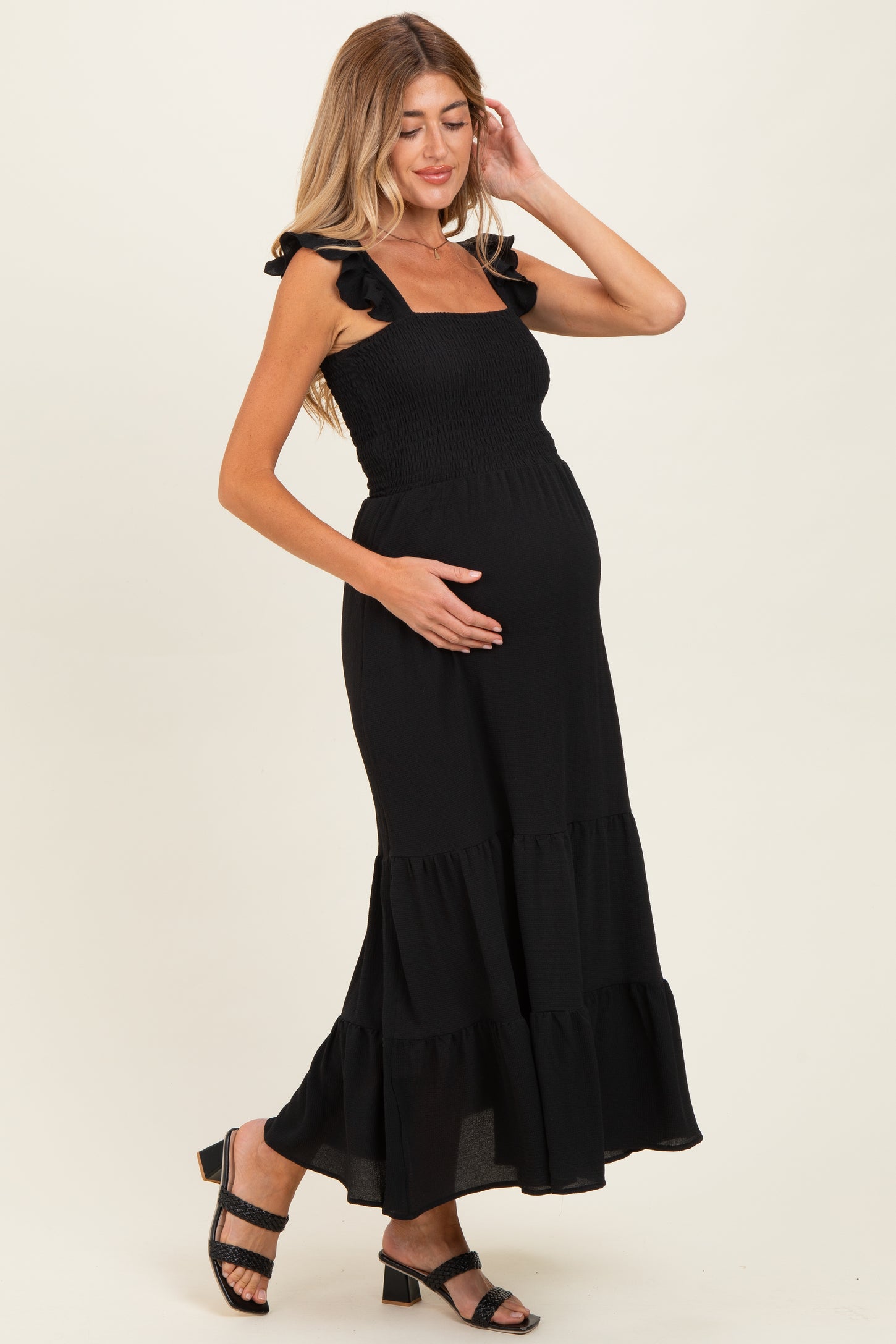 Black Ruffle Strap Smocked Maternity Maxi Dress