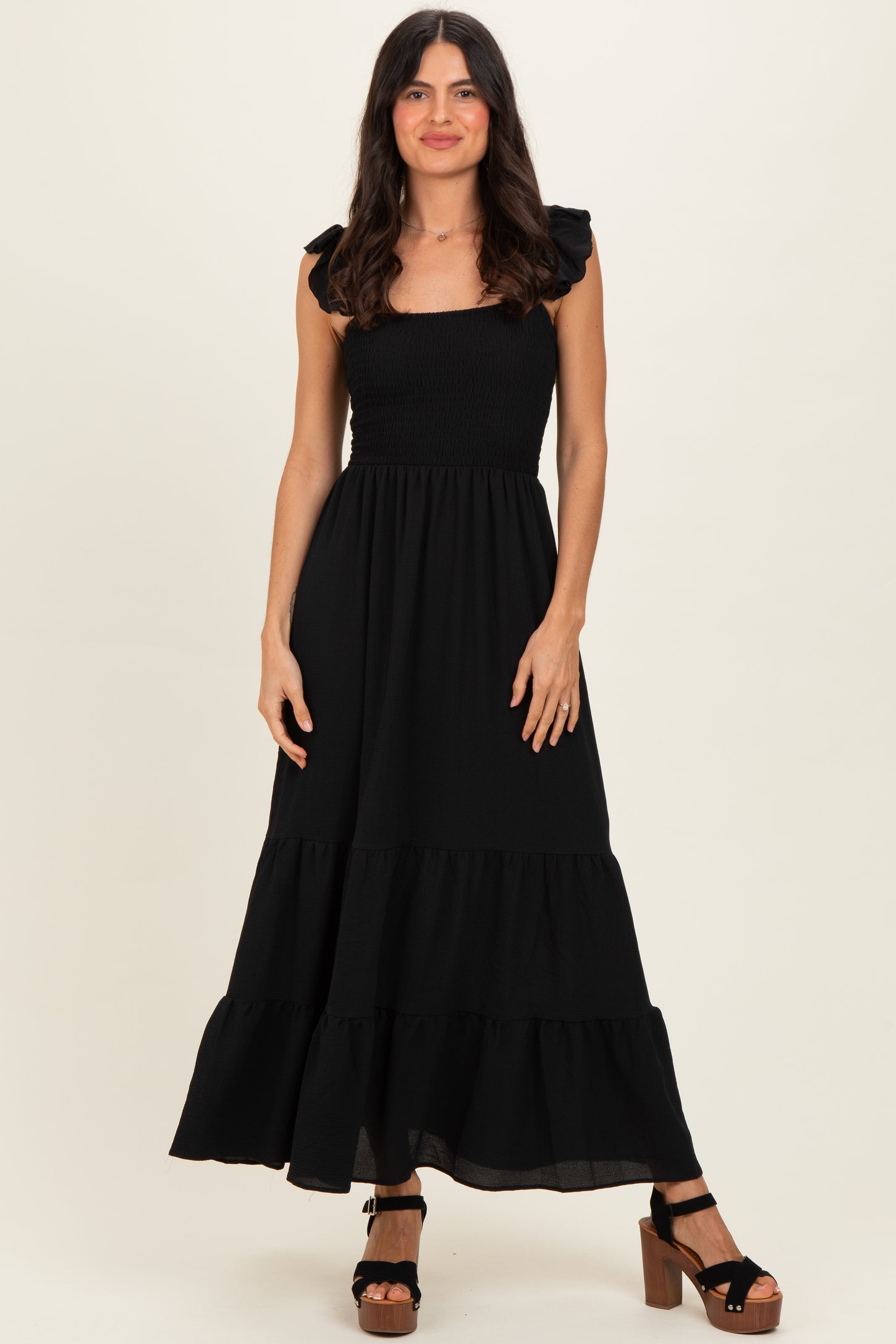 black ruffle strap dress Black Ruffle Strap Smocked Maternity Maxi Dress