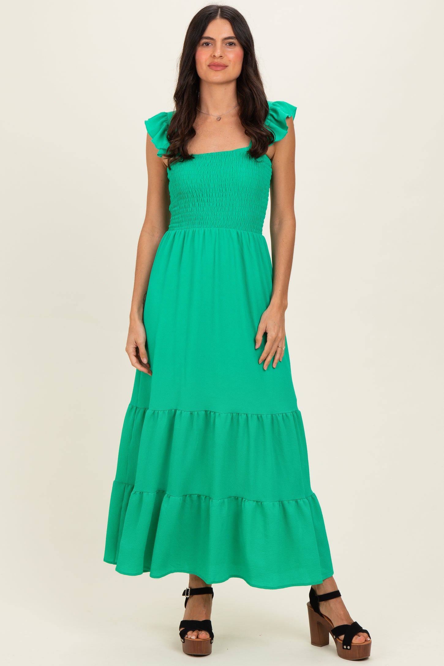 Green Ruffle Strap Smocked Maxi Dress