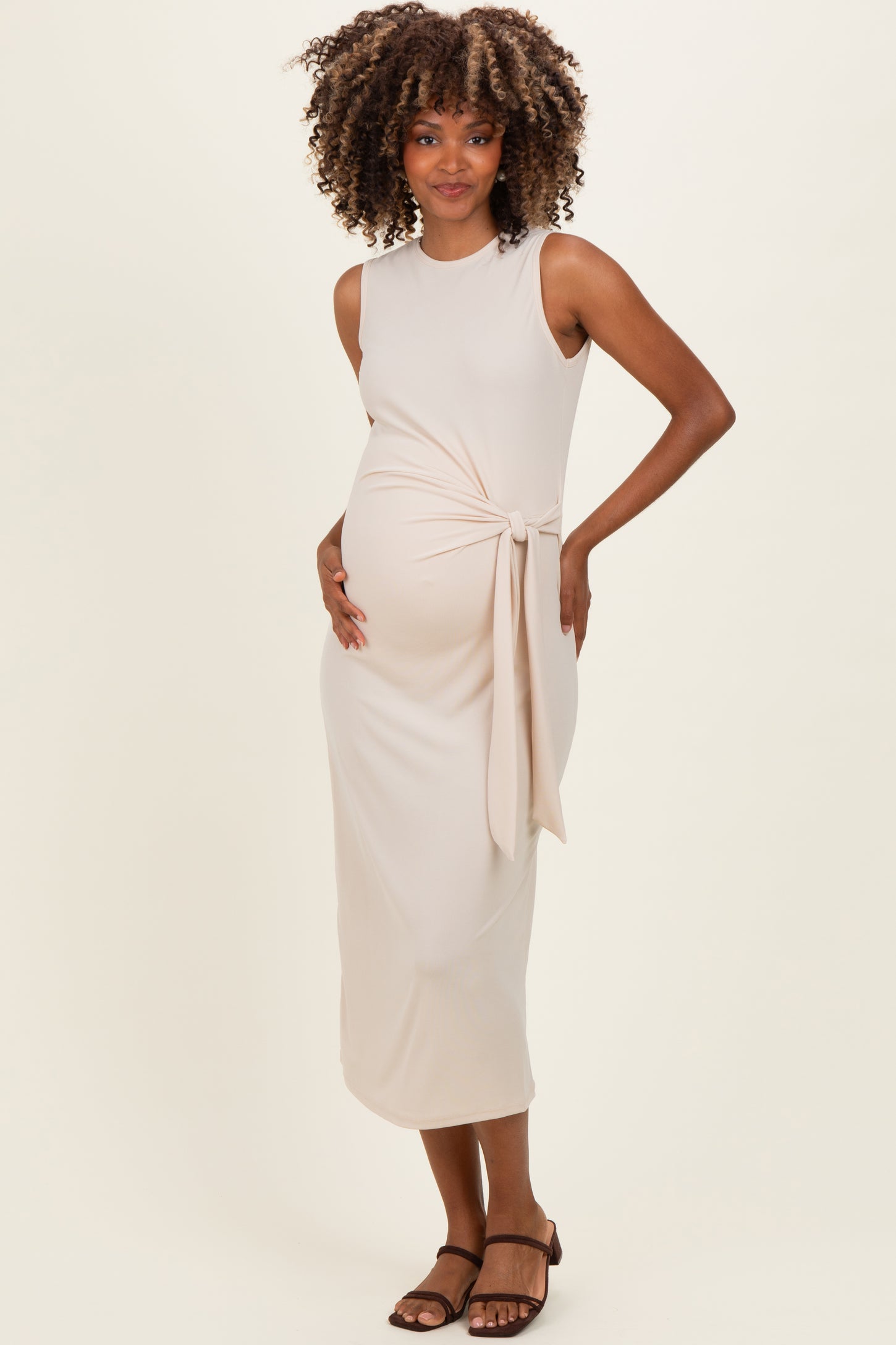 Beige Sleeveless Waist Tie Maternity Midi Dress Beige Sleeveless Waist Tie Maternity Midi Dress