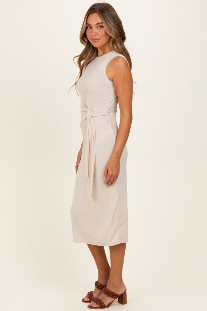 Beige Sleeveless Waist Tie Midi Dress – PinkBlush