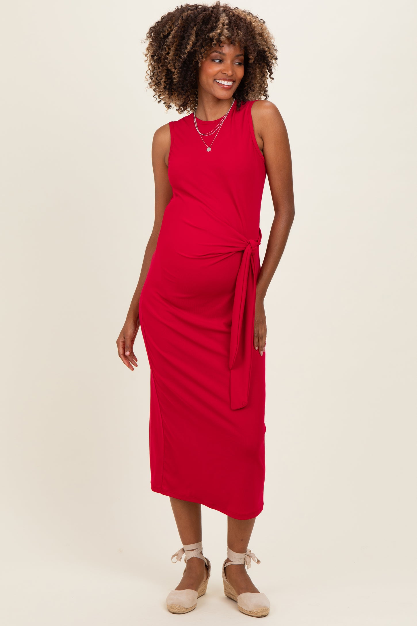 Fuchsia Sleeveless Waist Tie Maternity Midi Dress Fuchsia Sleeveless Waist Tie Maternity Midi Dress