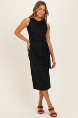 Black Sleeveless Waist Tie Maternity Midi Dress