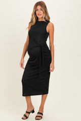 Black Sleeveless Waist Tie Maternity Midi Dress