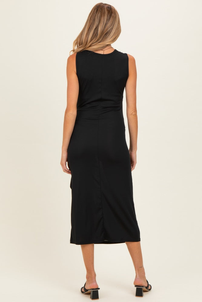 Black Sleeveless Waist Tie Maternity Midi Dress