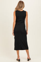 Black Sleeveless Waist Tie Maternity Midi Dress