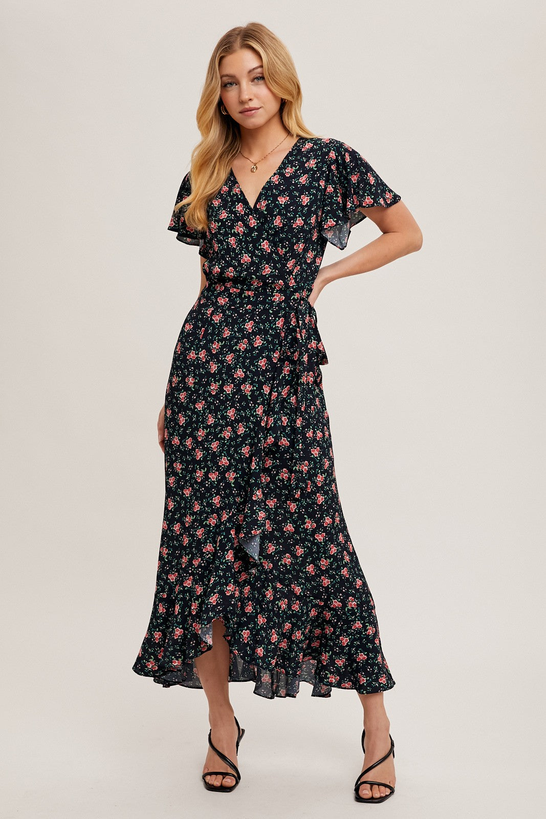 Red Floral Ruffled Hem Wrap Maternity Maxi Dress