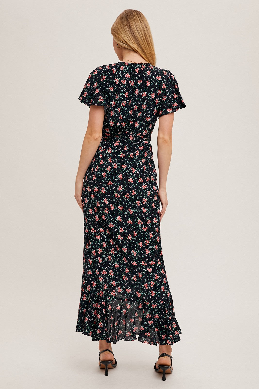 Red Floral Ruffled Hem Wrap Maxi Dress