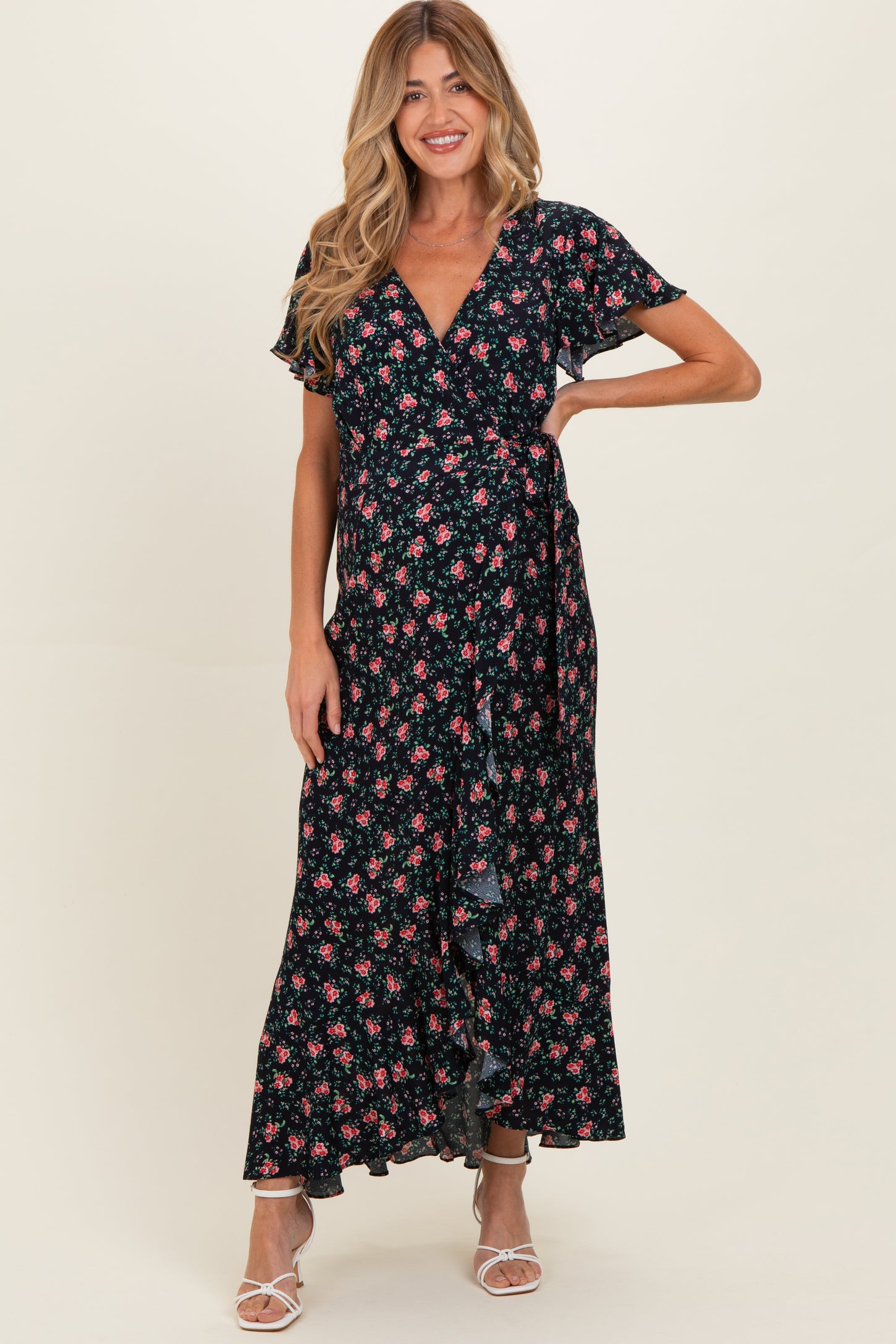 Red Floral Ruffled Hem Wrap Maternity Maxi Dress
