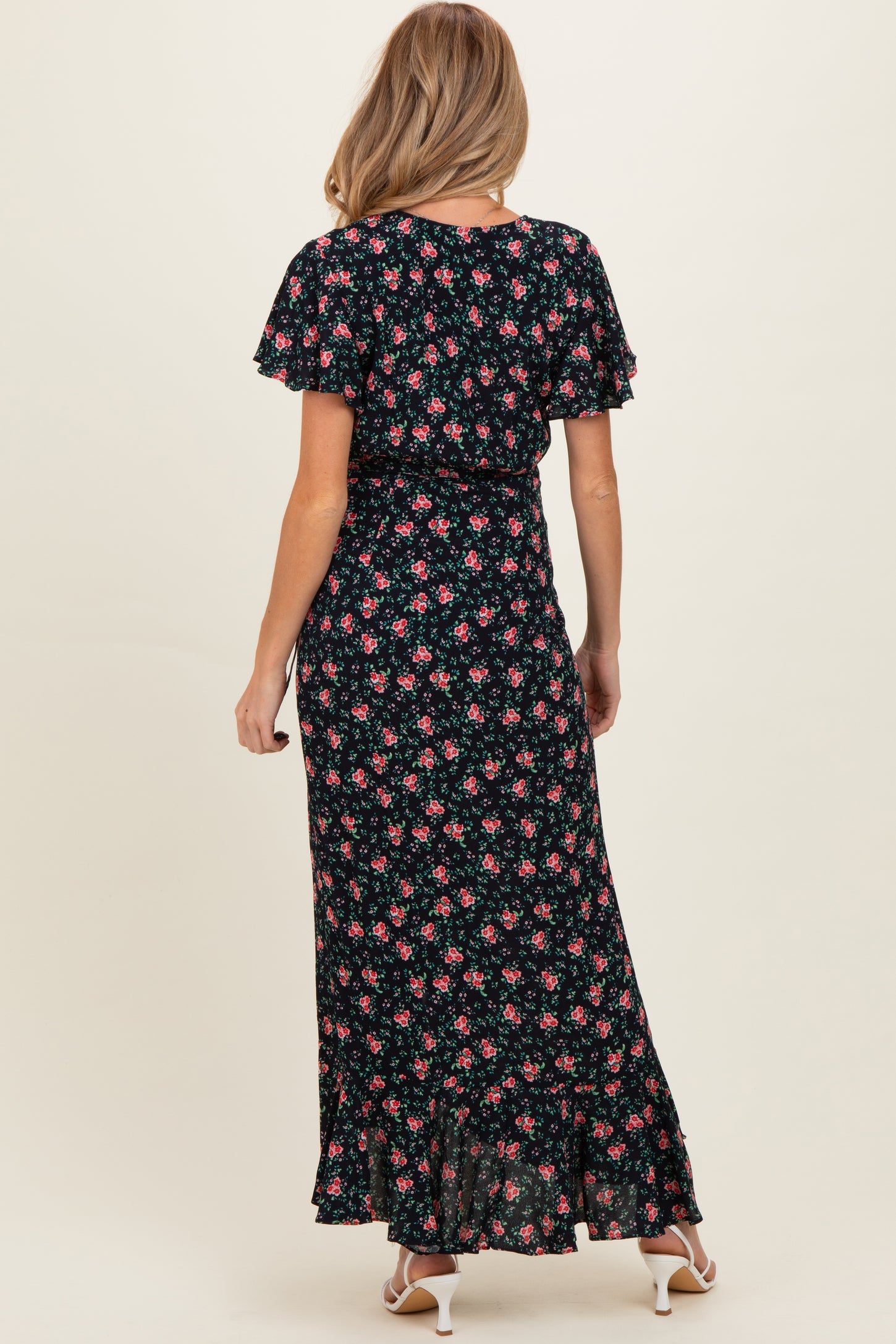 Red Floral Ruffled Hem Wrap Maternity Maxi Dress