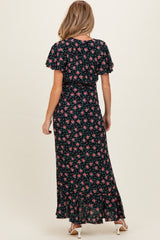 Red Floral Ruffled Hem Wrap Maternity Maxi Dress