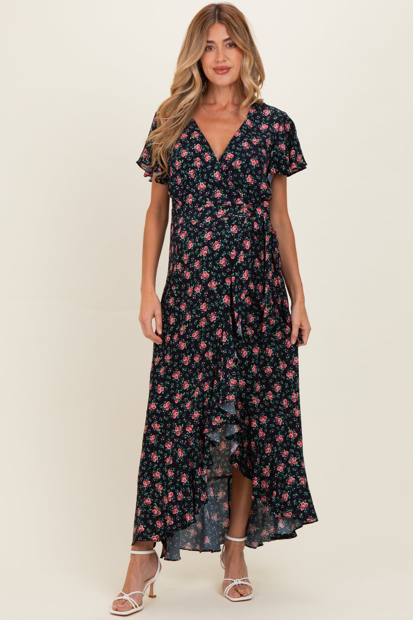 Red Floral Ruffled Hem Wrap Maternity Maxi Dress